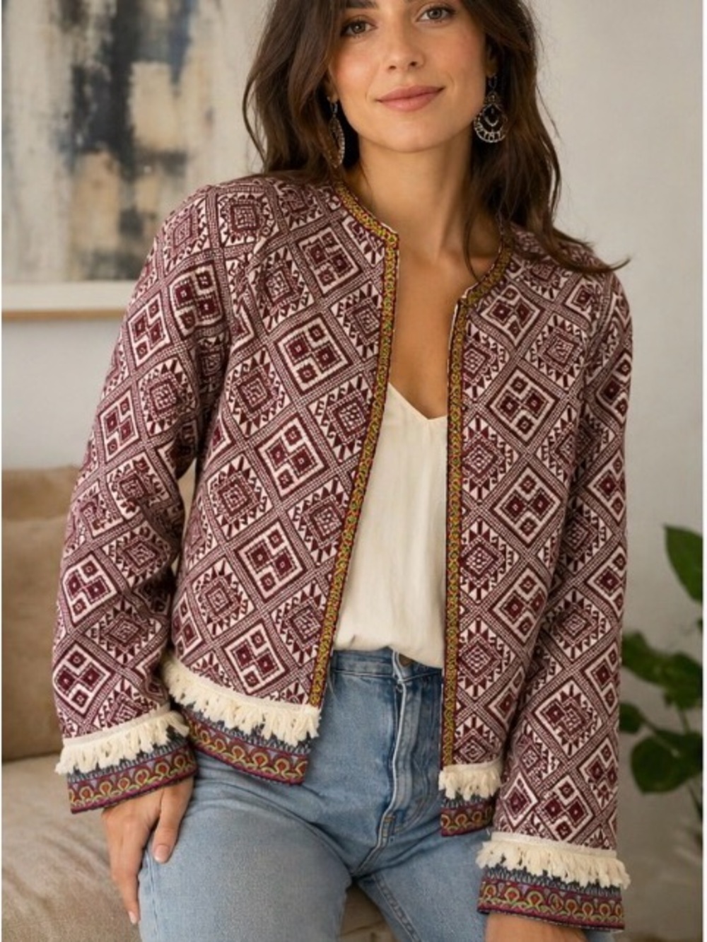 Diamond-Print Fringe Open-Front Jacket - Burgundy